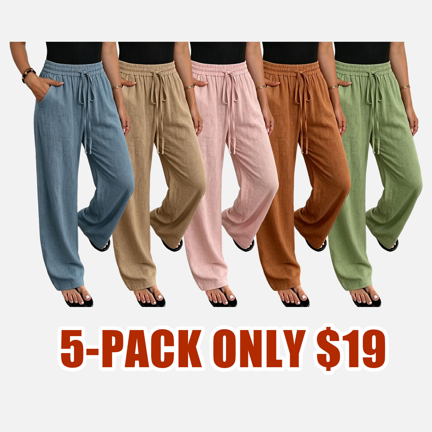 🌞 Women’s Summer Wide-Leg Pants 🌞— high-waisted, drapey, loose straight cut, lightweight linen, drawstring casual long pants