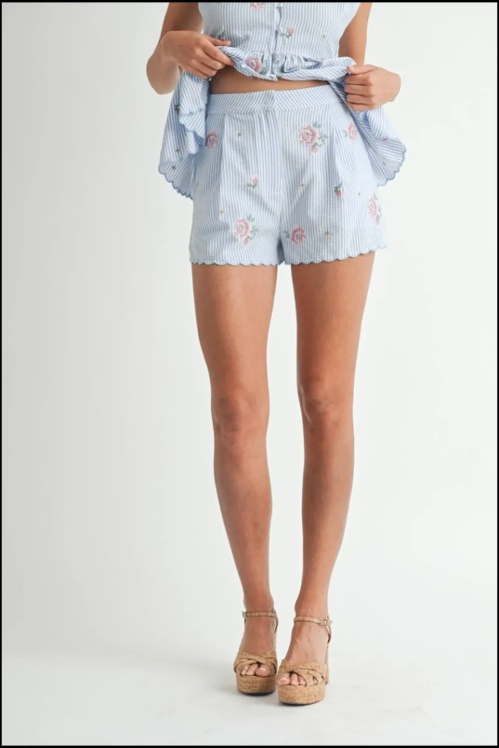 Stripe Embroidered Peplum Cami and Shorts Set