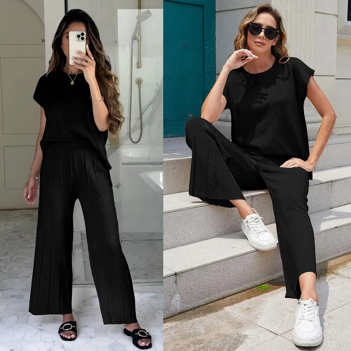 ✨ Women’s Knit Two-Piece Lounge Set – Cap Sleeve Top & Wide Leg Pants