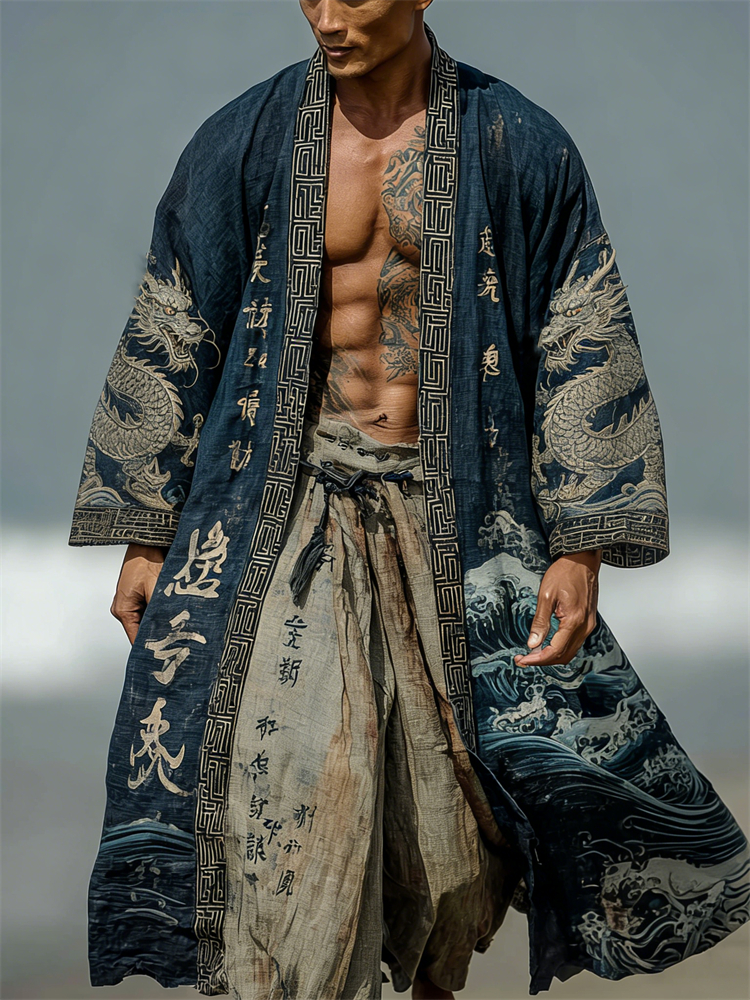 Men's Japanese Dragons Sea Waves Calligraphy Linen Long Kimono