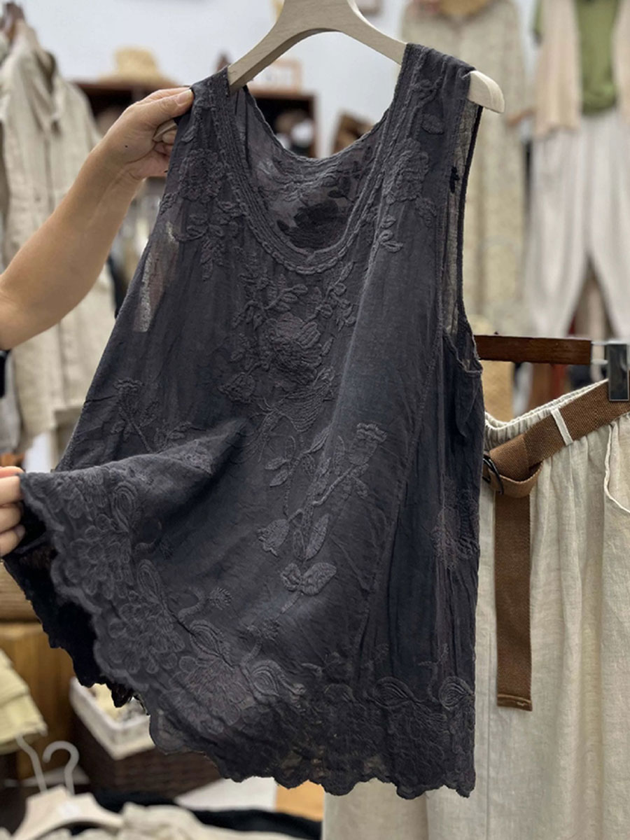 Women's  Vintage Lace Sleeveless Cotton and Linen Vest Top