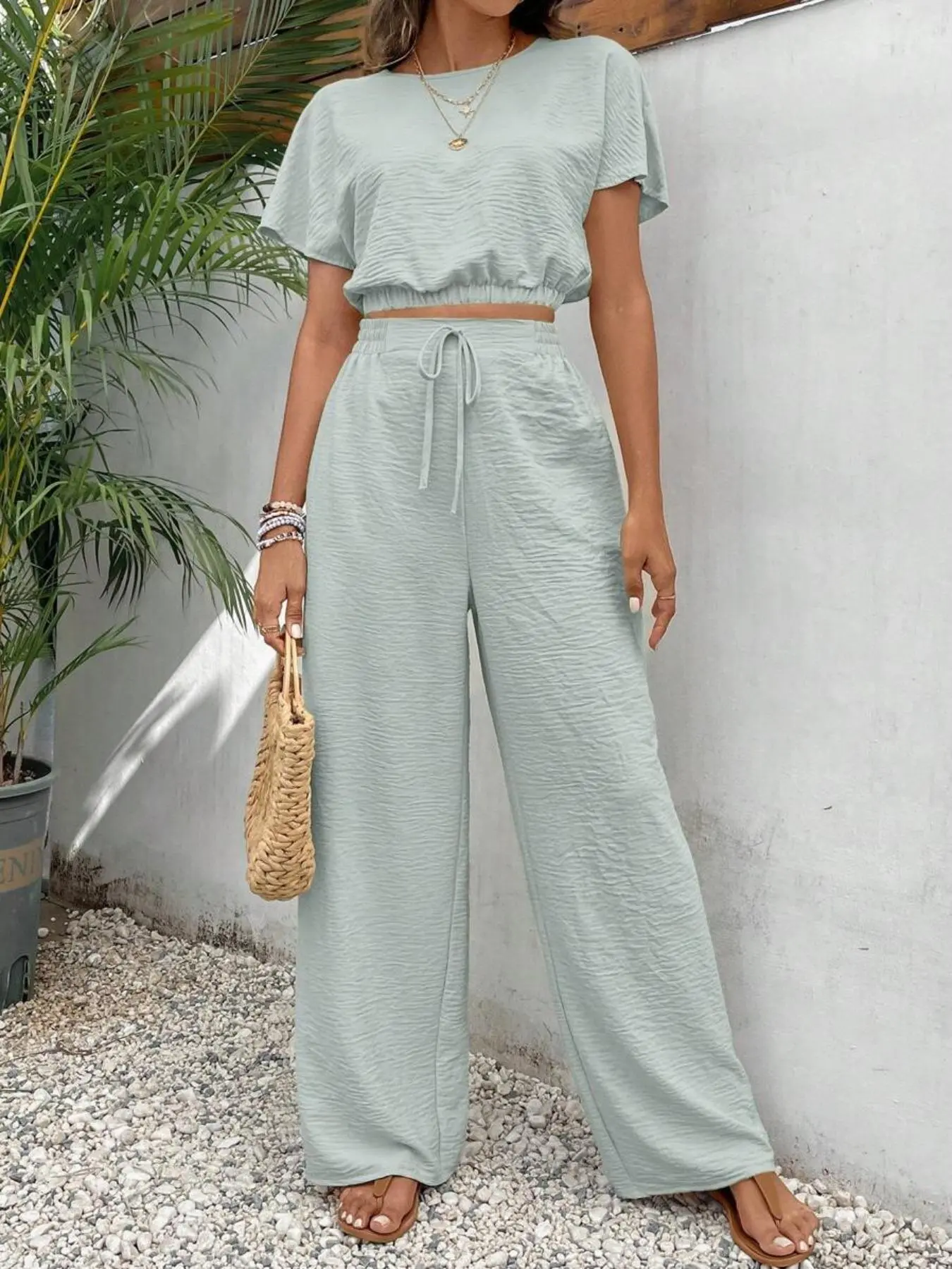 Women's Solid Color Fitted Top & Wide Leg Pants Two-piece Set