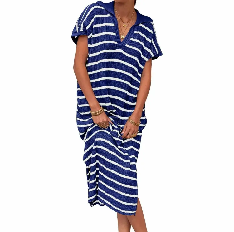 Women's Striped Summer Dress – V-Neck Short Sleeve Knit Collar Loose Maxi Dress with Slit