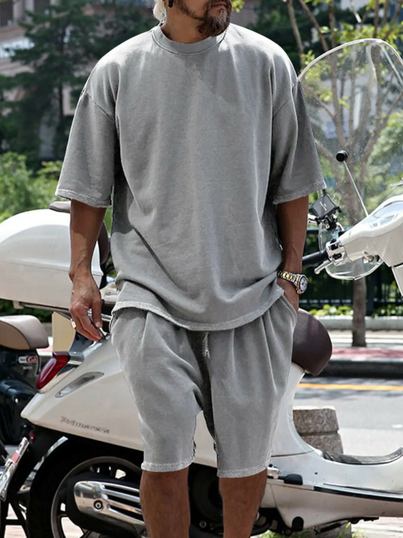 Men's Summer Casual Set, Pure Color Round Neck Short Sleeve Tee & Shorts