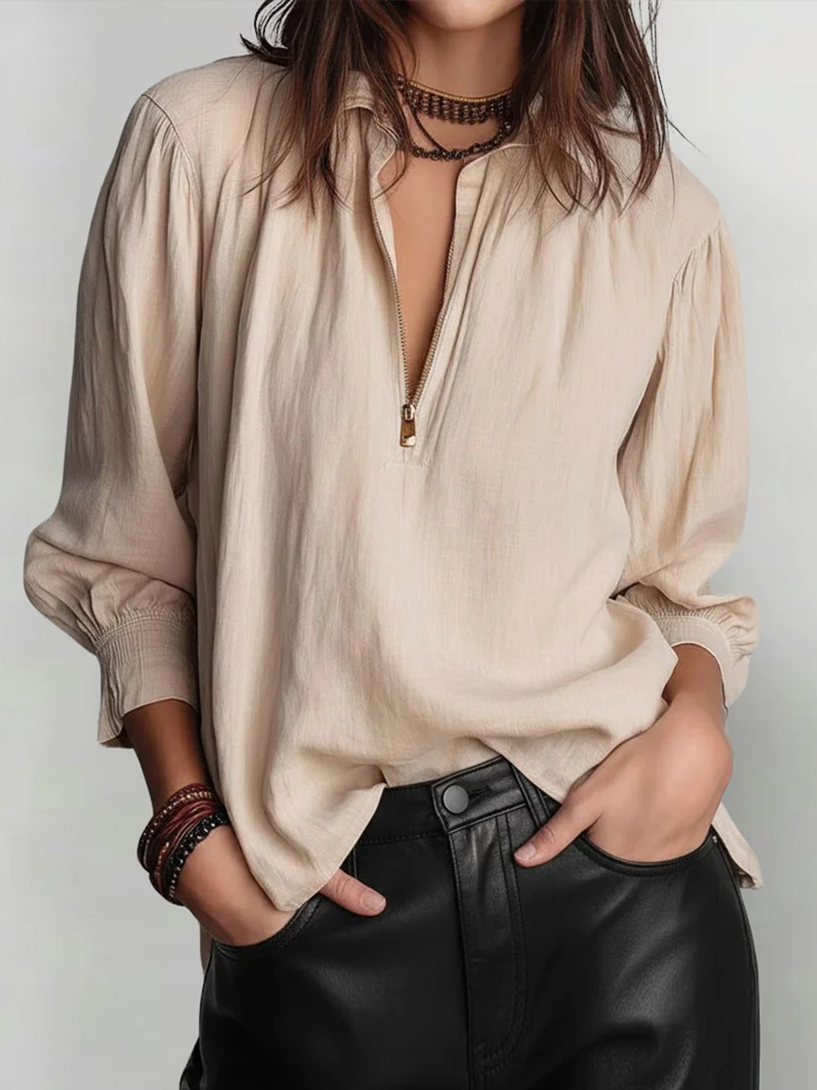 Women's Solid Color Lapel Long-sleeved Casual Loose Cotton And Linen Top
