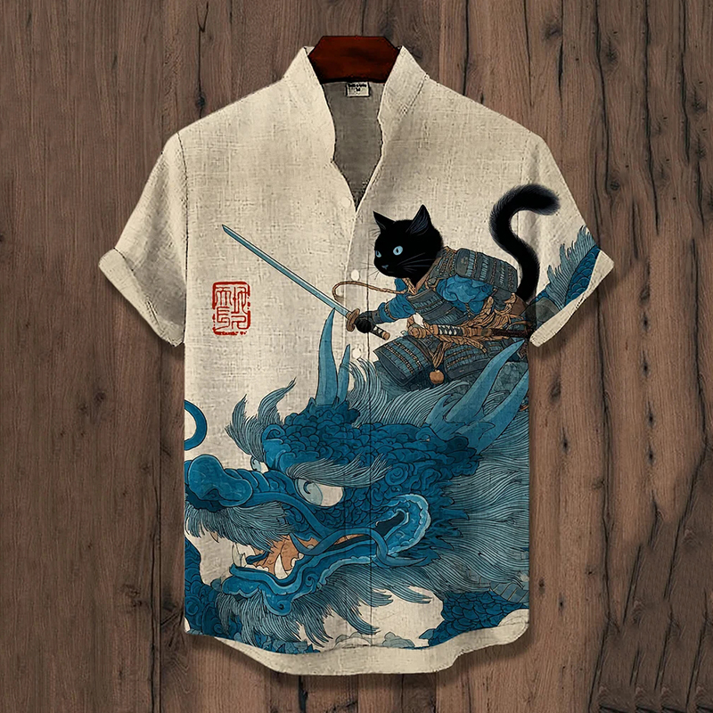 Men's Samurai Cat And Dragon Art Print Casual Shirt