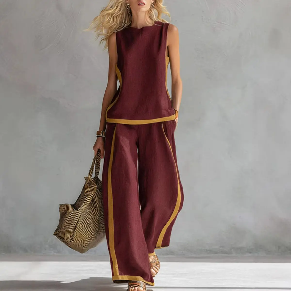 2026 Linen Blend Two Piece Set for Women Sleeveless Color Block Top Wide Leg Pants Set Casual Summer Outfit