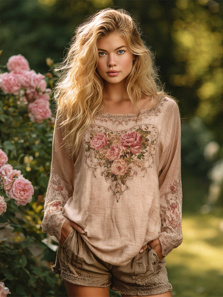 Boho Floral Embroidered Lace Women's Casual Linen Shirt