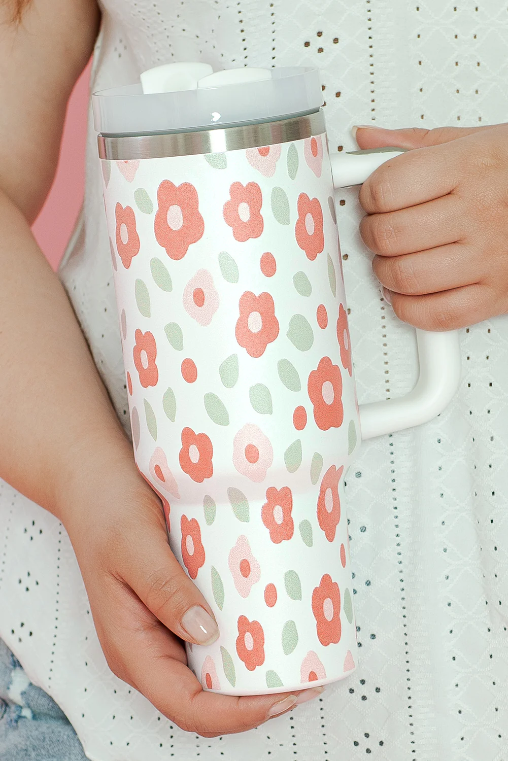 White Floral Leaves Print Stainless Large Portable Cup 40oz