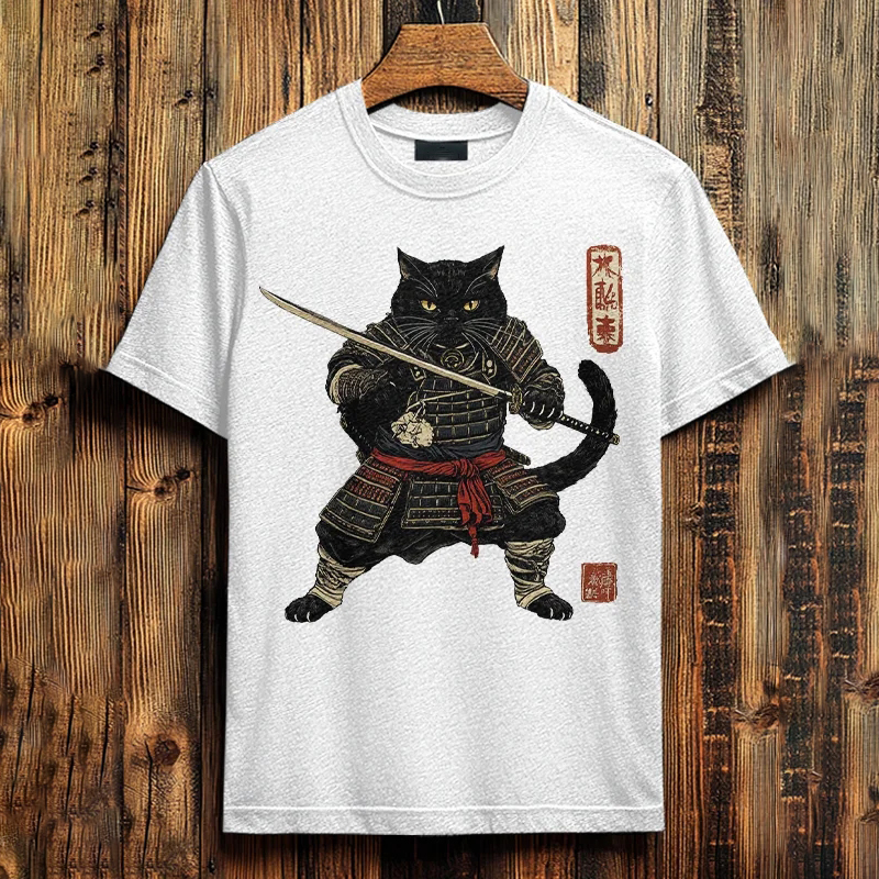 Men's Brave Cat Warrior Japanese Art Print Cotton Casual T-shirt