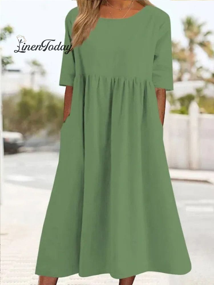 Cotton And Linen Casual Short Sleeve Pocket Pleated Loose Round Neck Dress