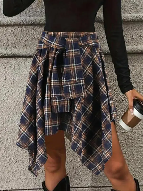 Women's Fashion Plaid Print Asymmetrical Hem High Waisted Skirt