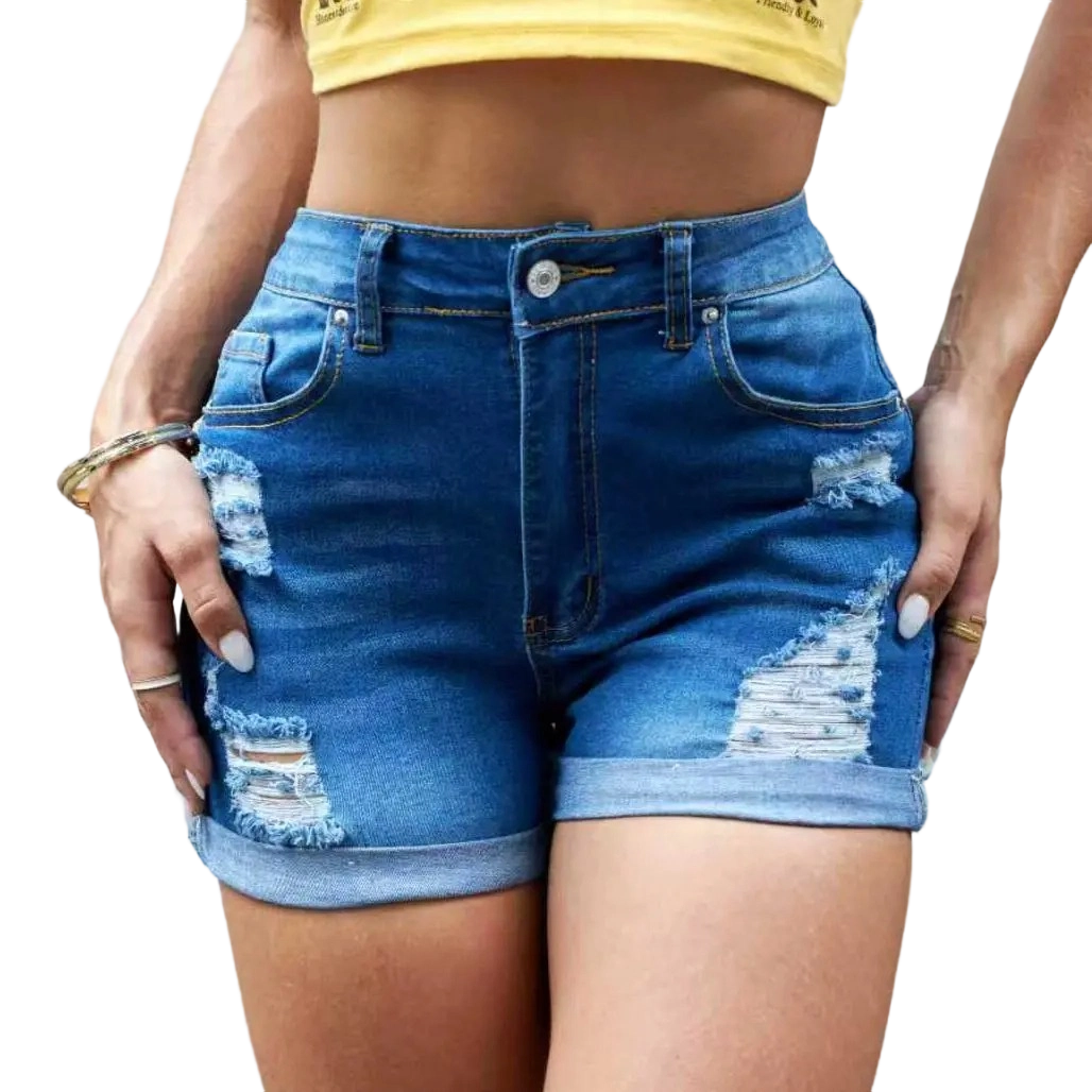 Women's Light Wash Distressed Denim Shorts - Slim Fit with Cuffed Hems