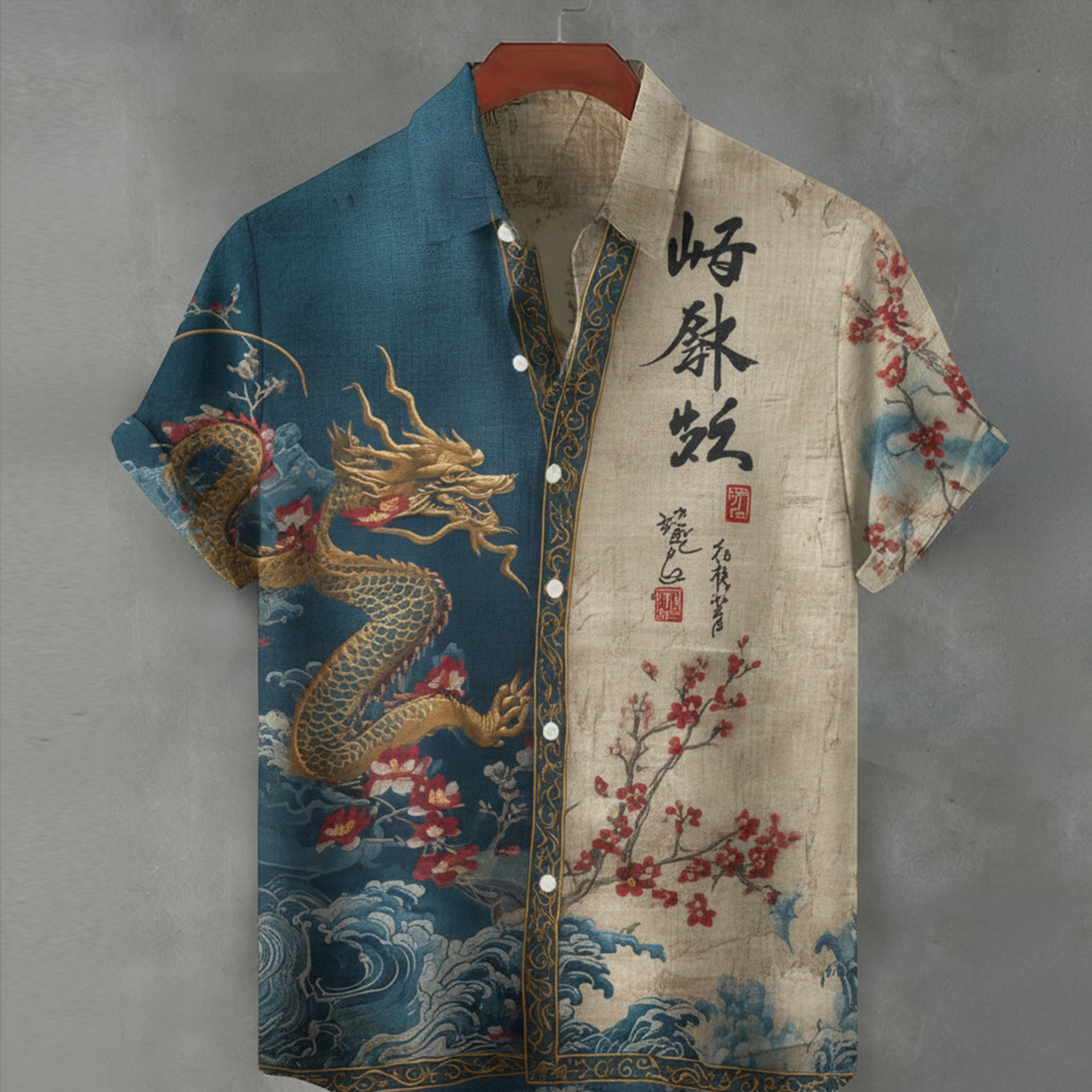 Men's Japanese Wave And Dragon Art Linen Shirt