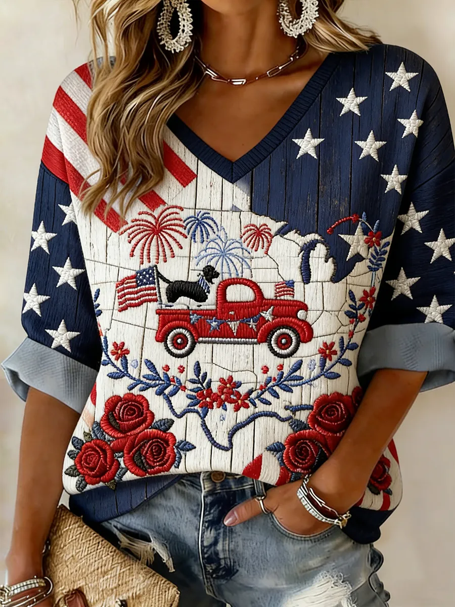 Women's 250th Anniversary Flag Flower Embroidery Pattern Printed T-shirt