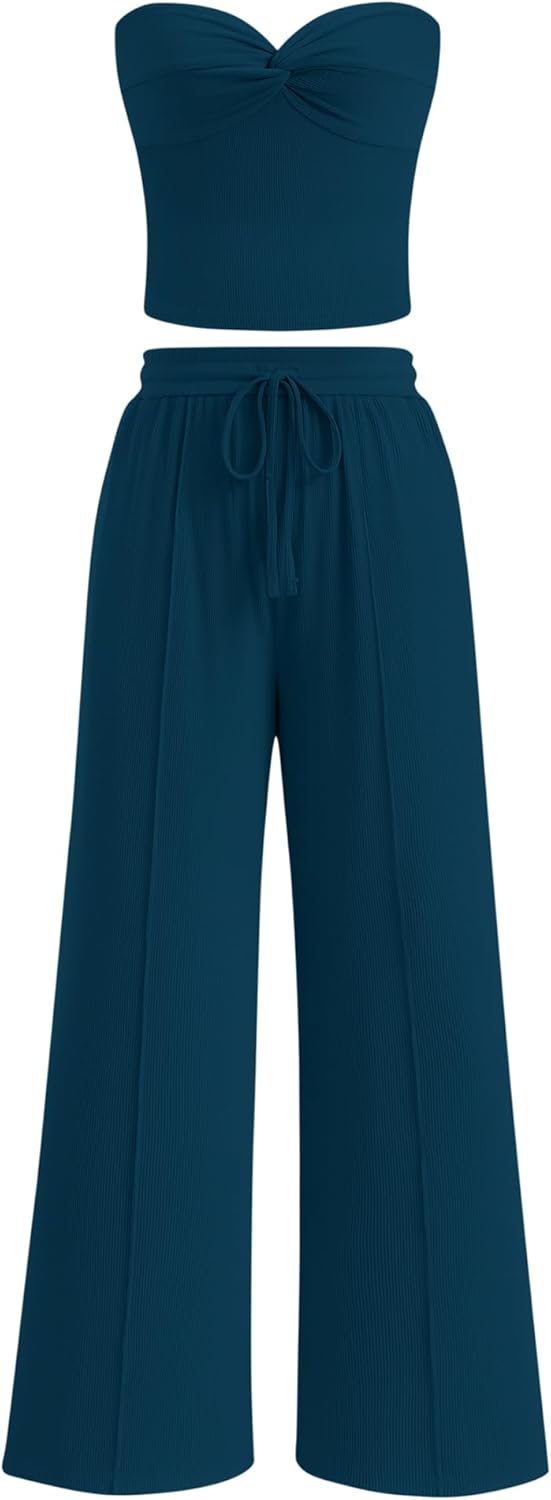 Two Piece Sets For Women Summer Ribbed Strapless Twist Knot Tube Top Pants Set Casual 2026 Beach Vacation Outfits