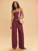 Women's Striped Print Crop Tube Top & Wide Leg Pants Set, Street Fashion Casual Two-piece Set for Daily Wear, Ladies Summer Clothes, Womenswear