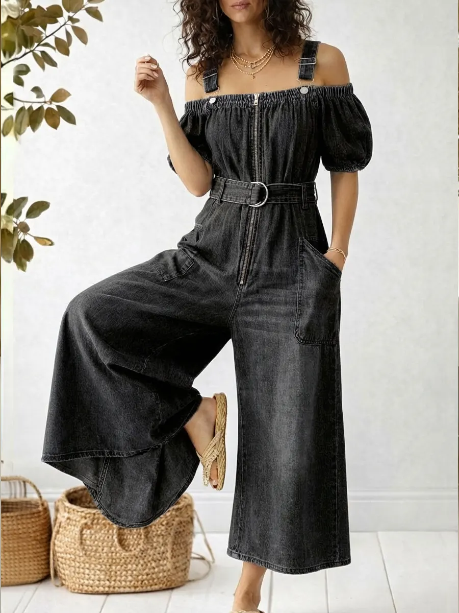 Women's Casual Denim Cotton Jumpsuit With Adjustable Straps