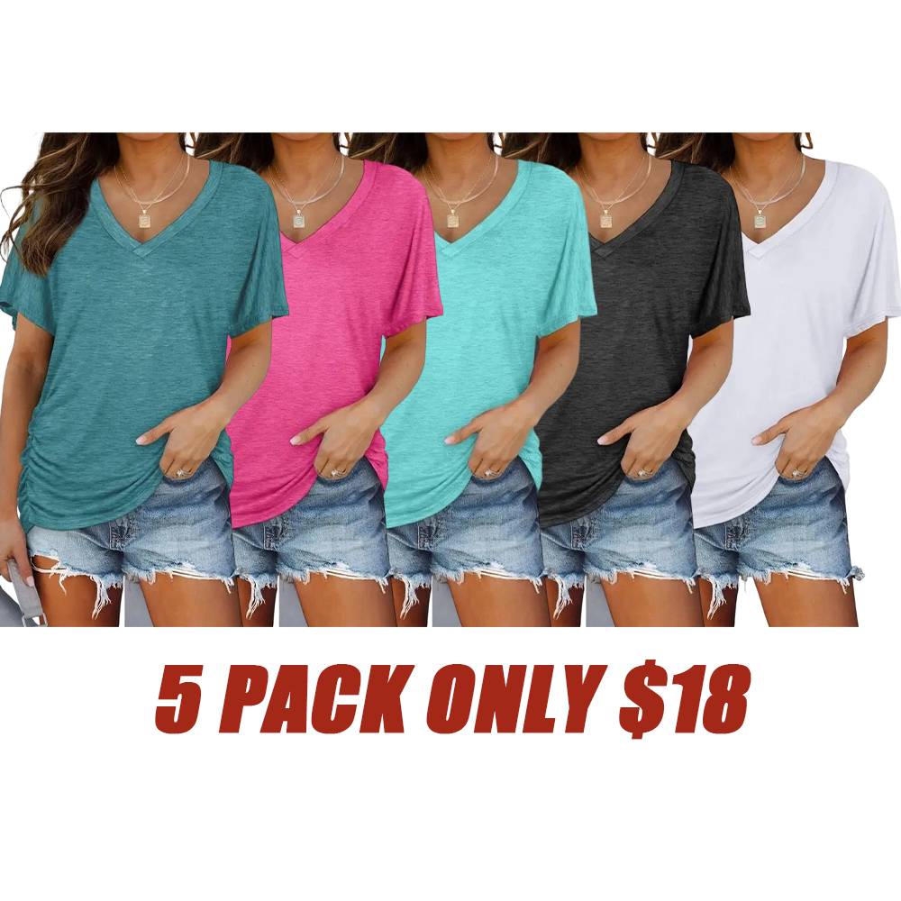 Women's Short Sleeve V Neck Dolman Tops with Side Shirring Loose Fit Shirts Spring Statements