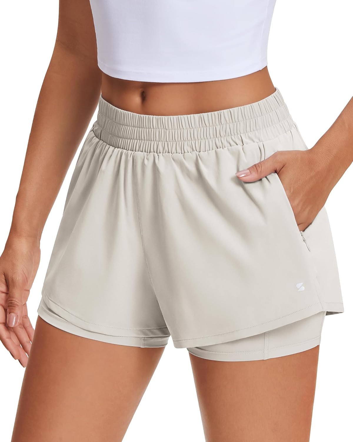 Women's 2 in 1 Running Shorts Athletic Workout Gym Shorts High Waisted Shorts with Liner Zipper Pockets