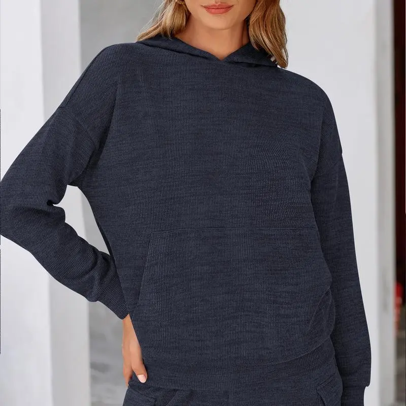 Women's Fall Knitted Hoodie Tracksuits Wide Leg Pants With Pocket Sets