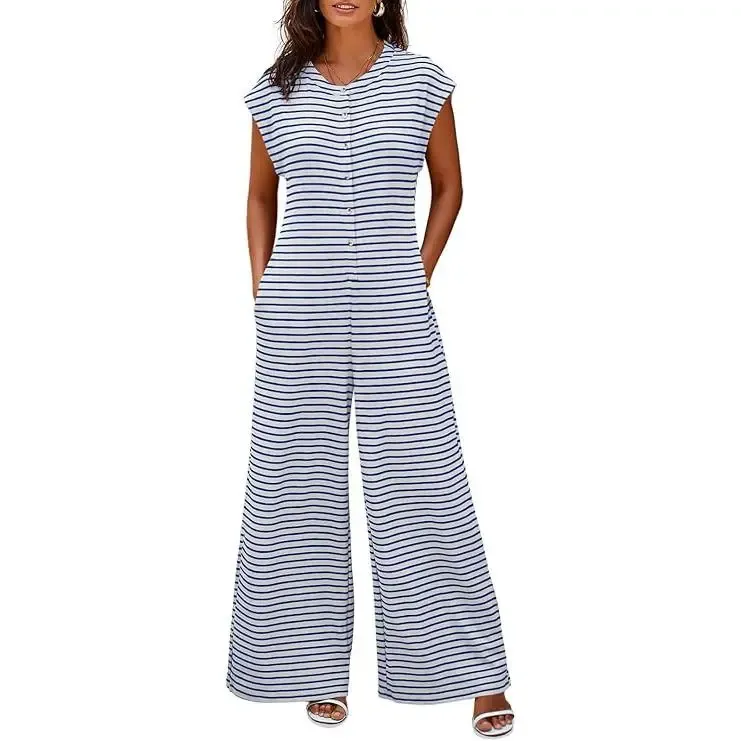 Women’s Casual Striped Wide Leg Jumpsuit – Summer Cap Sleeve Button Down Romper with Pockets