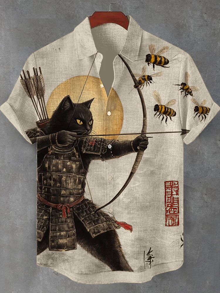 Men's Black Cat Tribal Warrior Japanese Kyudo Print Short Sleeve Shirt