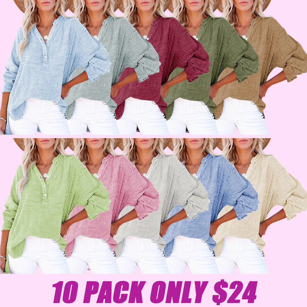 Women's Casual Button V Neck Long Sleeve Shirts Oversized Solid Blouses Tops 100% Cotton