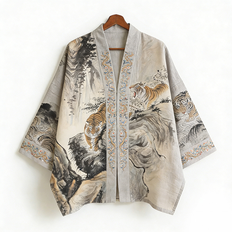 Landscape Painting And Tiger Art Pattern Linen Kimono Cardigan