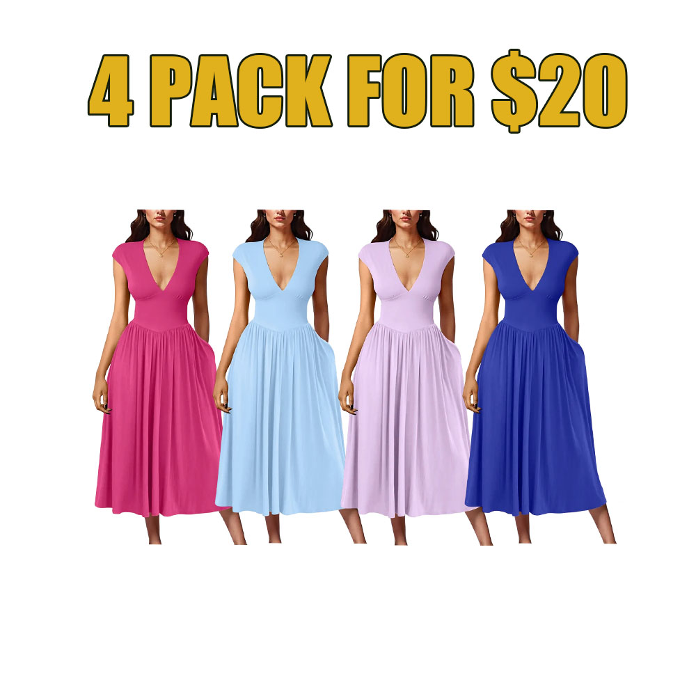 Women's Summer Deep V-Neck Cap Sleeve Pleated A‑Line Midi Dress with Pockets