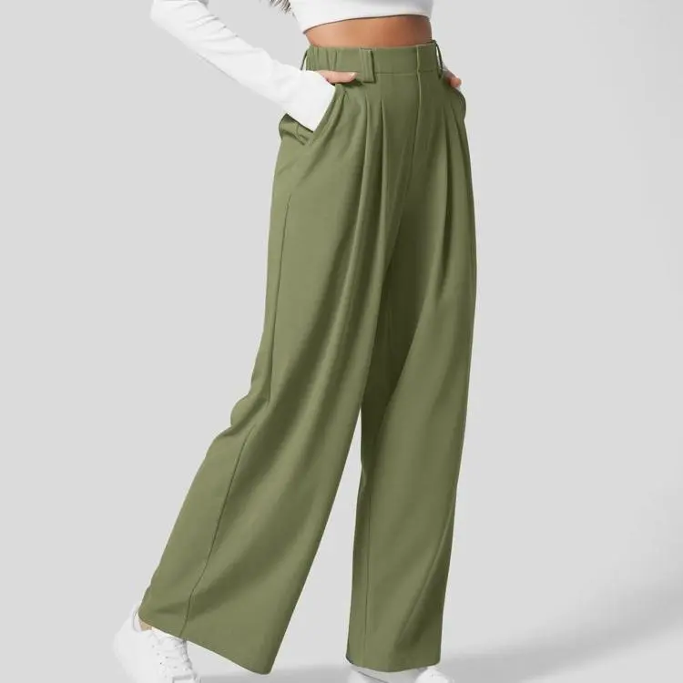 High Waisted Plicated Side Pocket Wide Waffle Work Pants