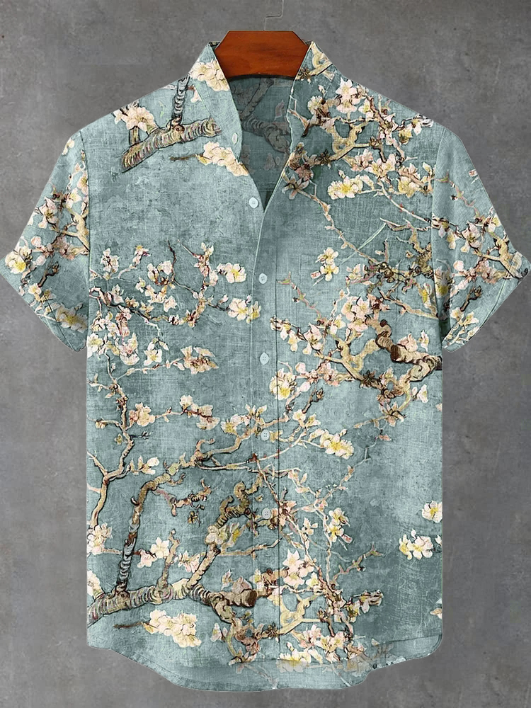 Vintage White Art Florets Print Casual Cotton Shirt