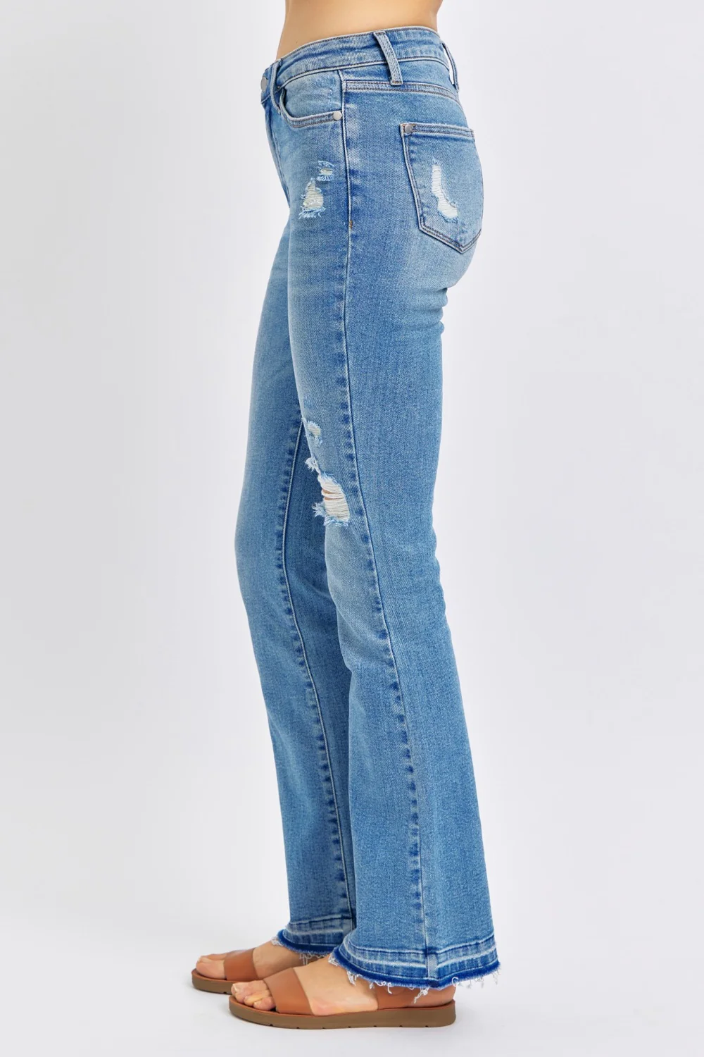 Blue Full Size Mid Rise Destroyed Hem Distressed Jeans