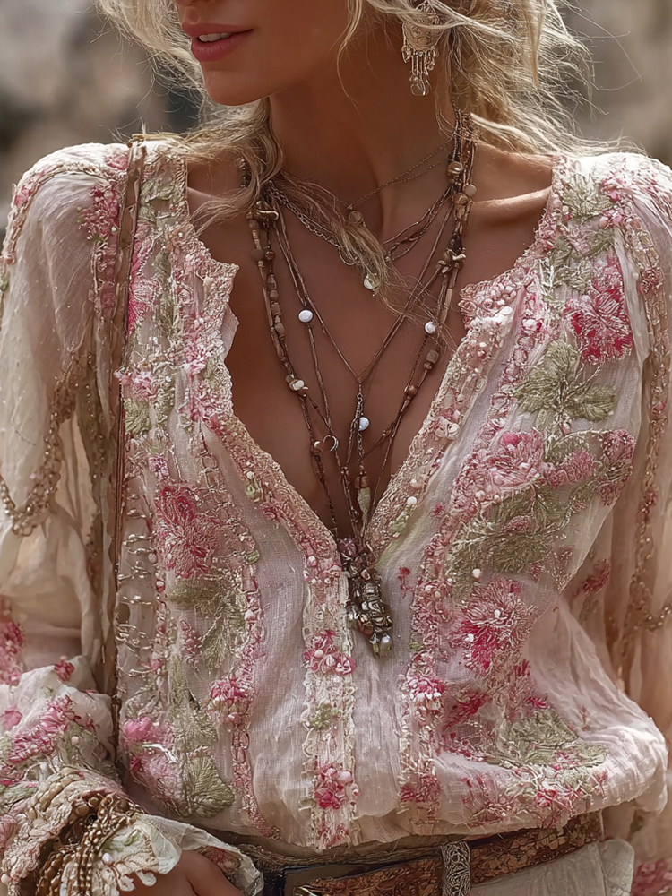 Women's Vintage Floral Embroidery Casual V-neck Shirt