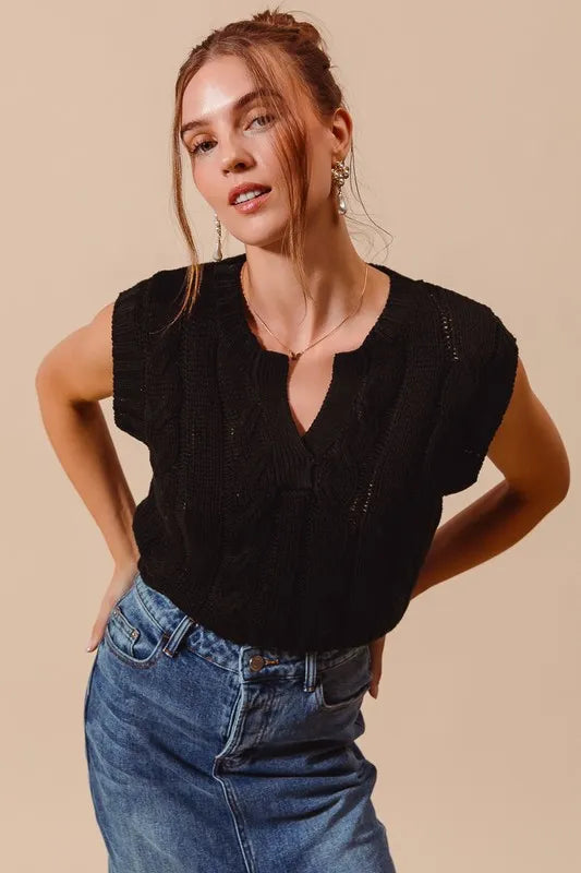 Notched Neck Cable Knit Sweater Vest