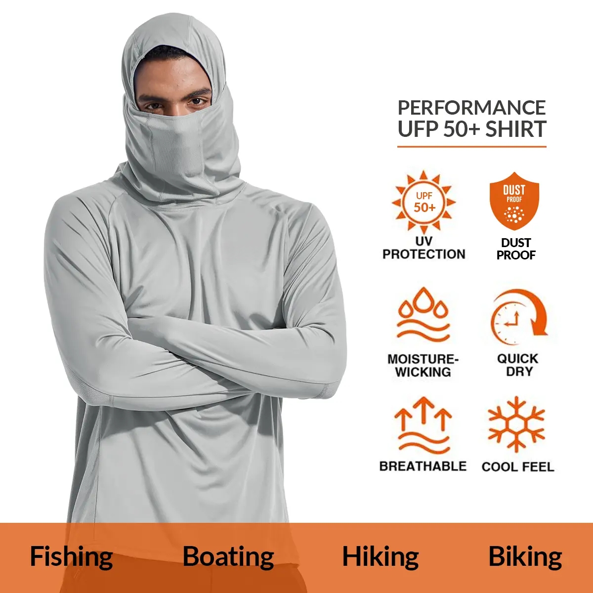 Men Sun Protection Hoodie Face Mask UPF50+ Long Sleeve Thumbholes UV SPF Shirt