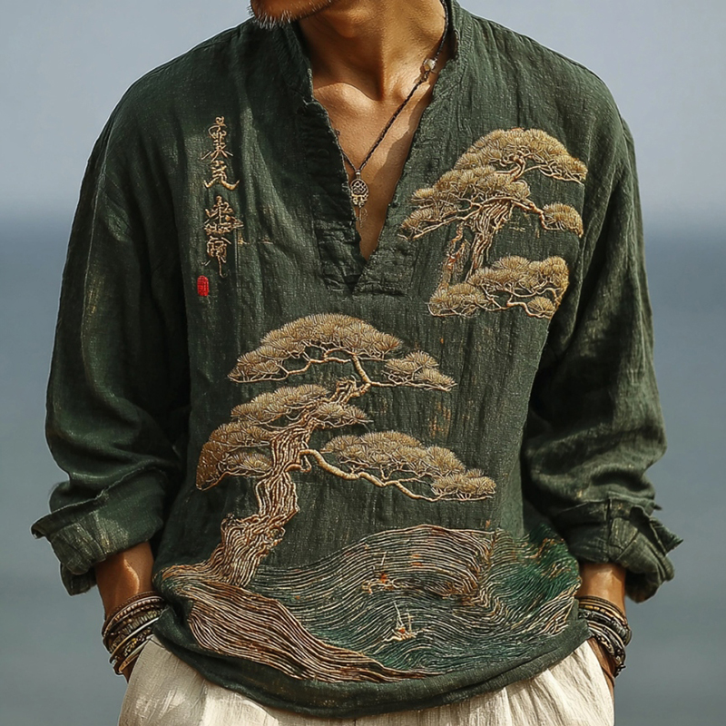 Men's Japanese Art Pine Embroidery Linen Shirt