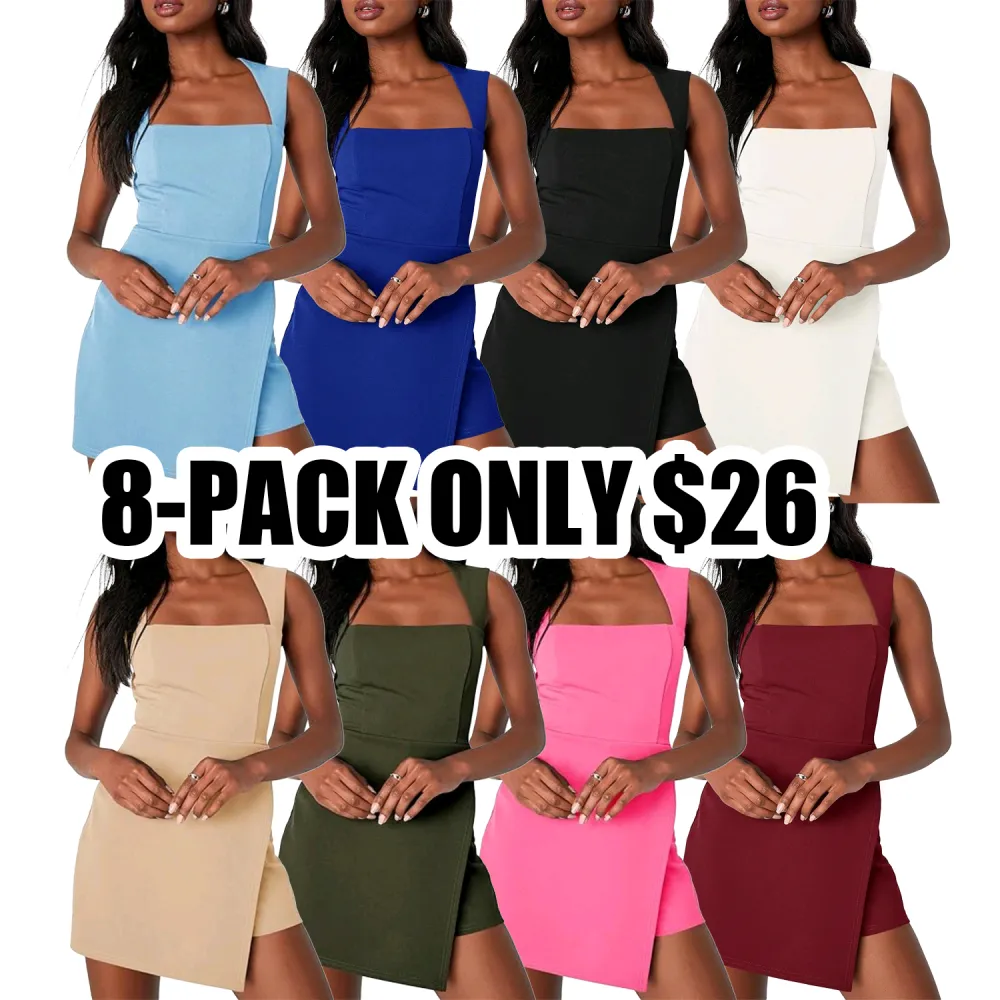 Ebifin Women's Summer Sleeveless Romper Dress – Square Neck Casual Slim Fit Mini Tank Dress