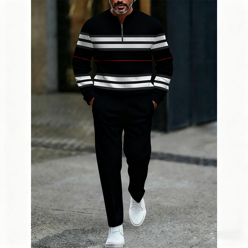 Men’s 2-Piece Khaki Casual Sports Set – Soft Knit Fabric, Contrast Stripe Design