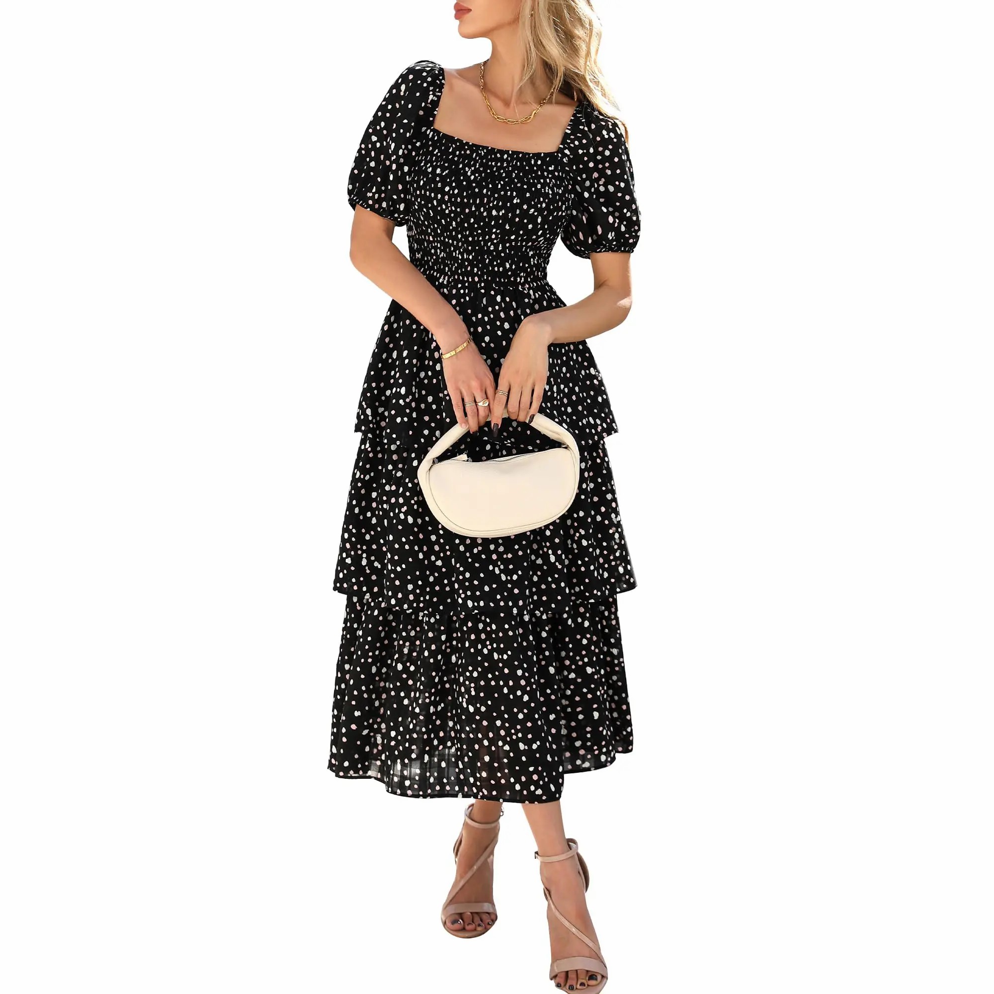 Women's Square Neck Smocked Dress with Puff Short Sleeve Floral Casual Ruffle Tiered Wedding Guest Dress