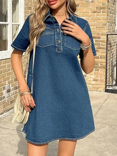 Women's Short Sleeve Denim Dress Button Down Collared Loose Fit Summer Casual Jean Shirt Mini Dresses