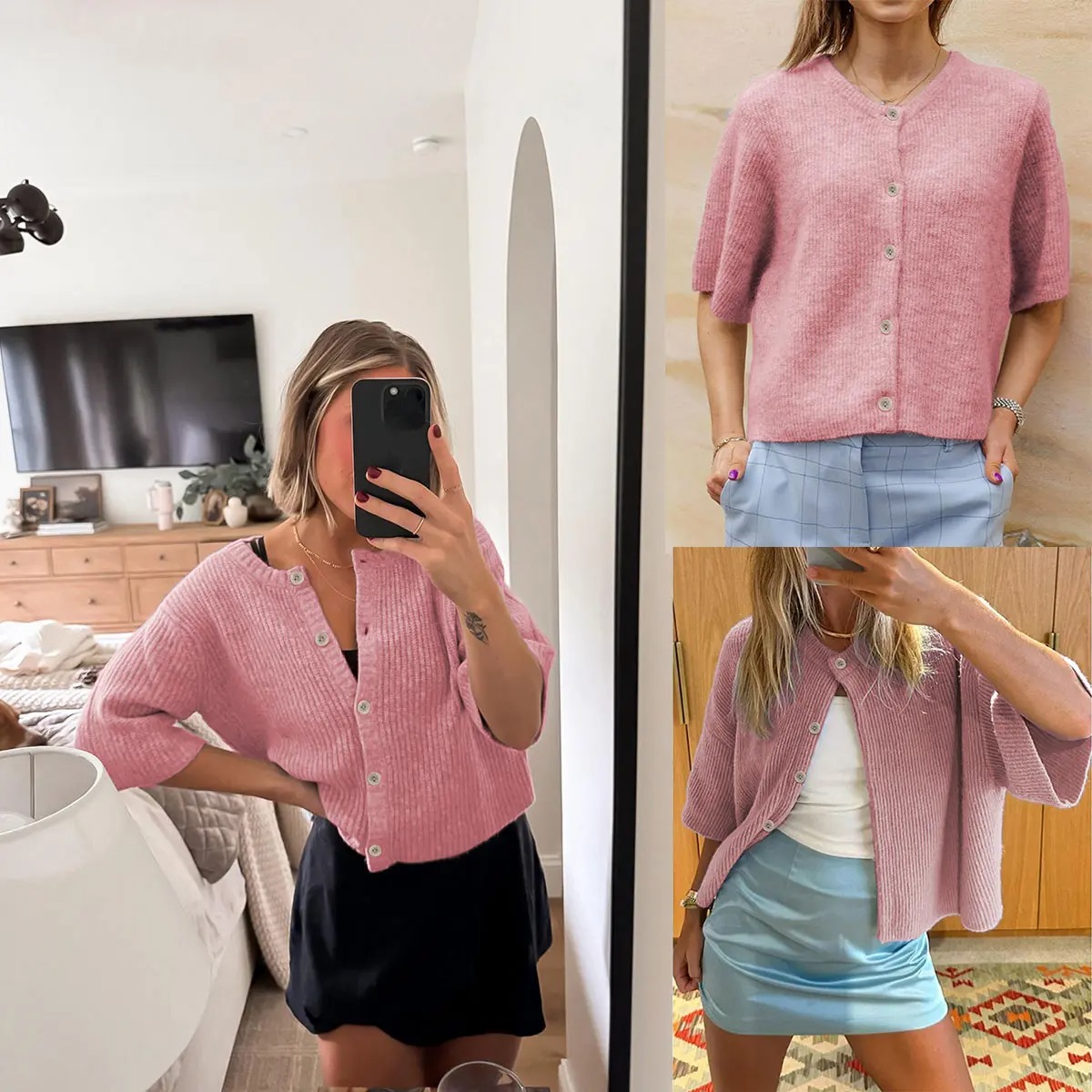 Women's Lightweight Short Sleeve Cardigan Soft Ribbed Knit Button Down Layering Top