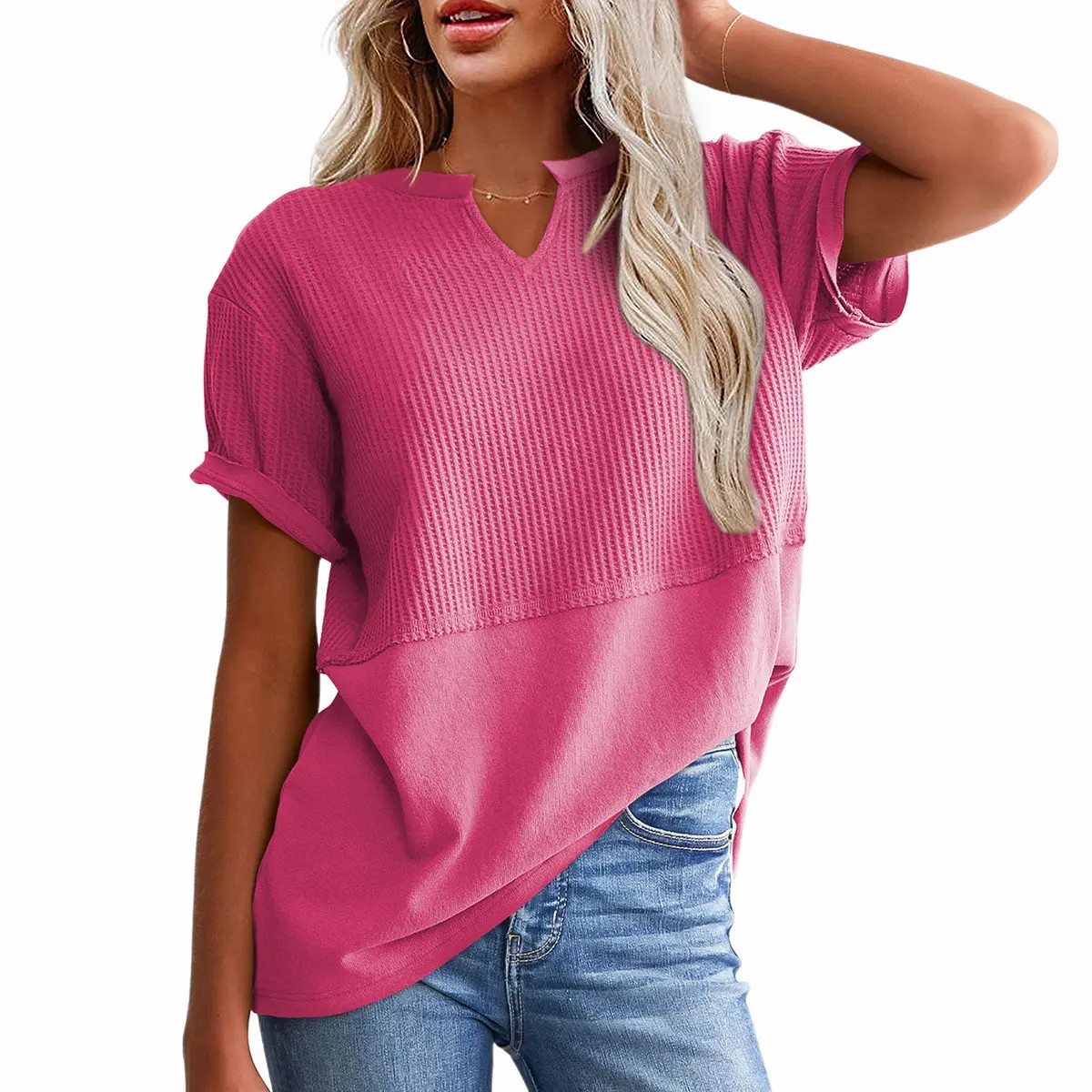 2026 Spring/Summer Cozy Oversized Waffle Knit V-Neck Short Sleeve Pullover Tunic