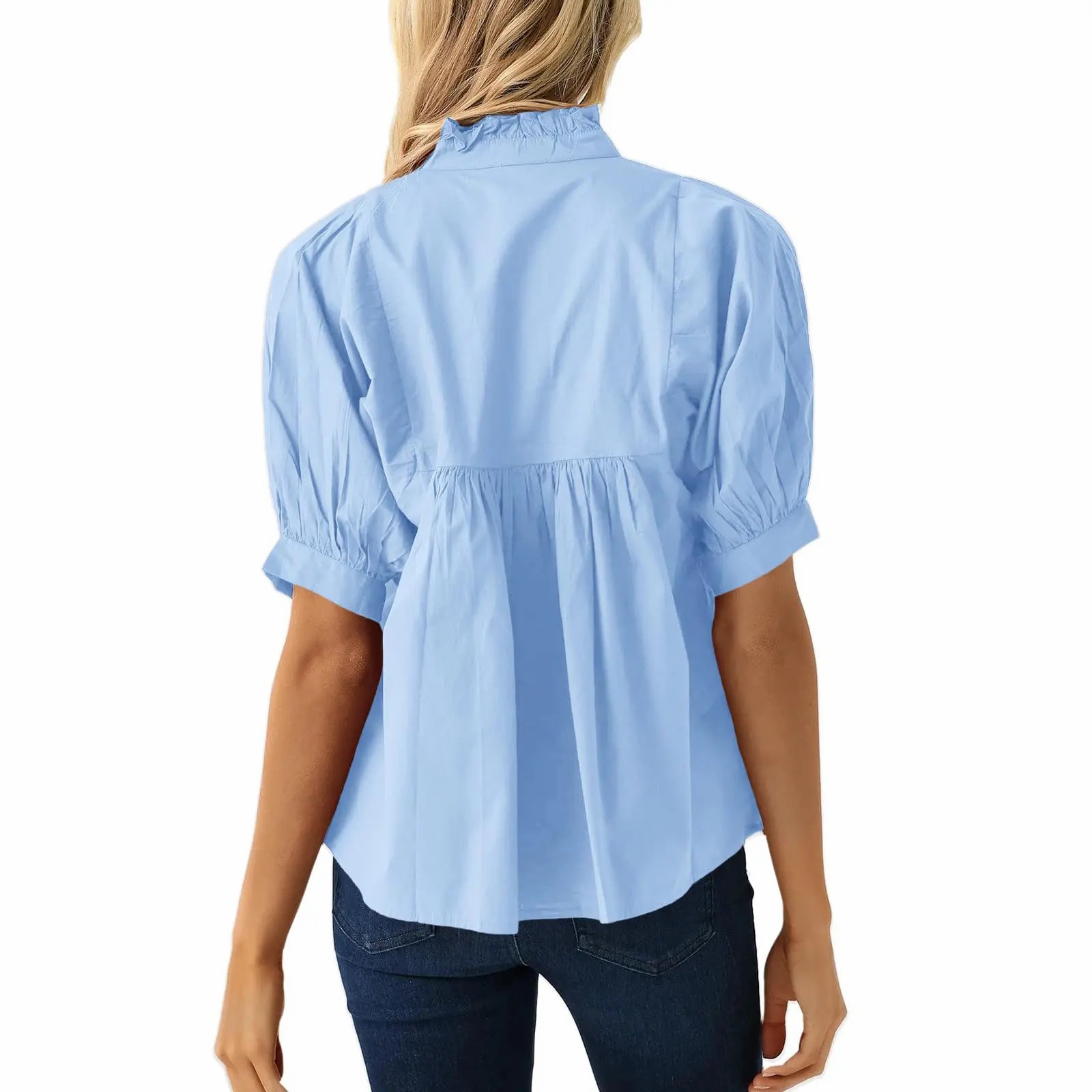 Womens V Neck Puff Sleeve Blouse Babydoll Peplum Tops Dressy Casual Pleated Loose Fit Shirts