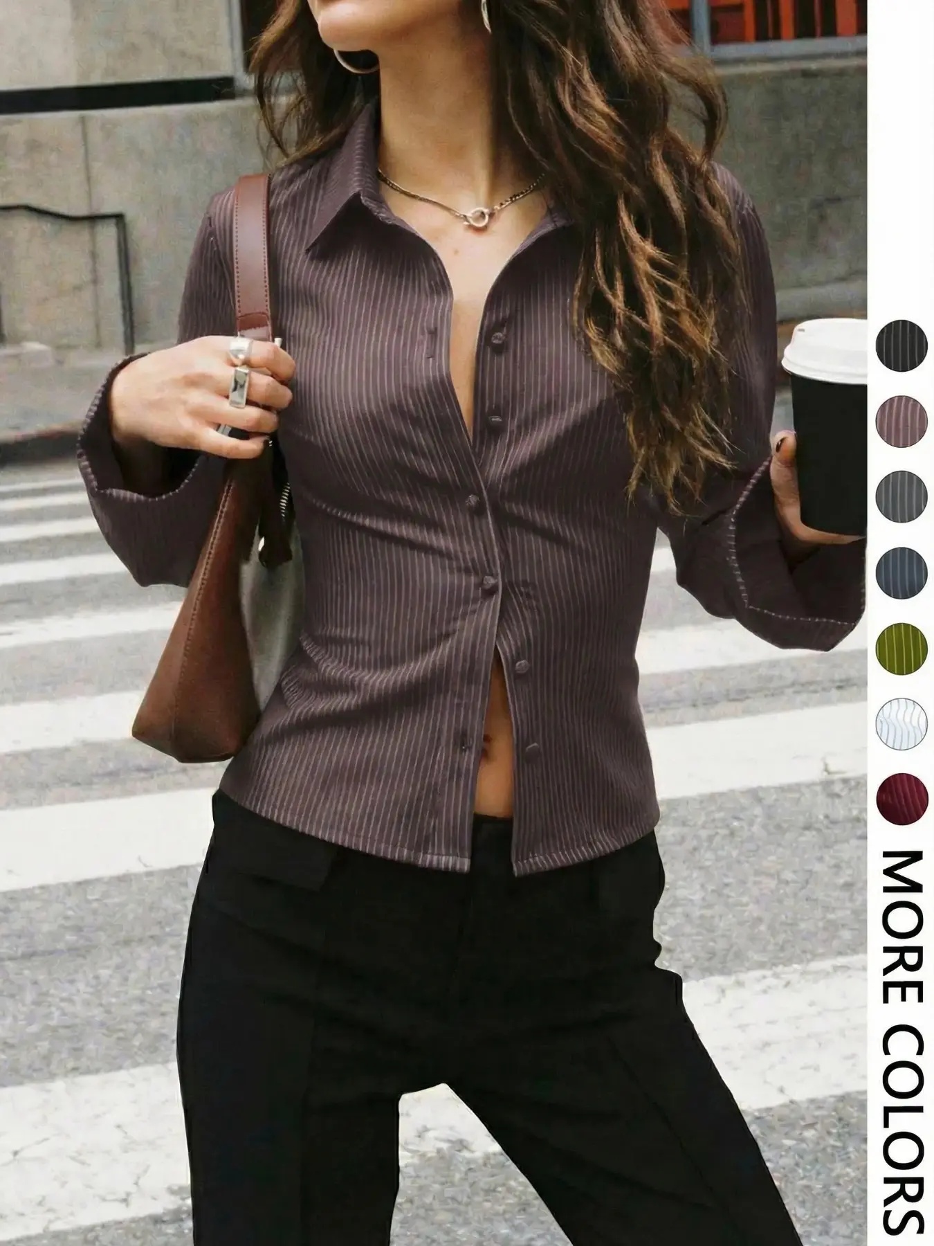 Women's All-Over Striped Print Button Front Blouse