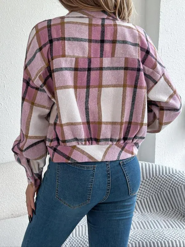 Women's Plaid Print Button Front Drop Shoulder Jacket
