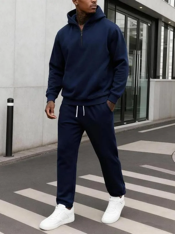 Men's Plain Two-piece Sweatsuit Set, Basic Regular Fit Casual Drop Shoulder Half Zip Hoodie & Pocket Drawstring Sweatpants