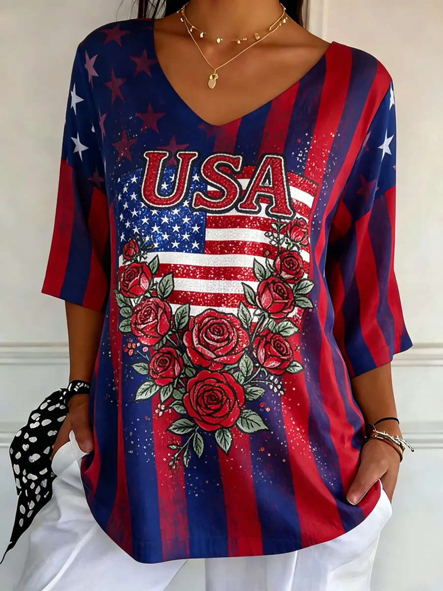 Women's Patriotic USA Rose & American Flag Stripe V-Neck Top