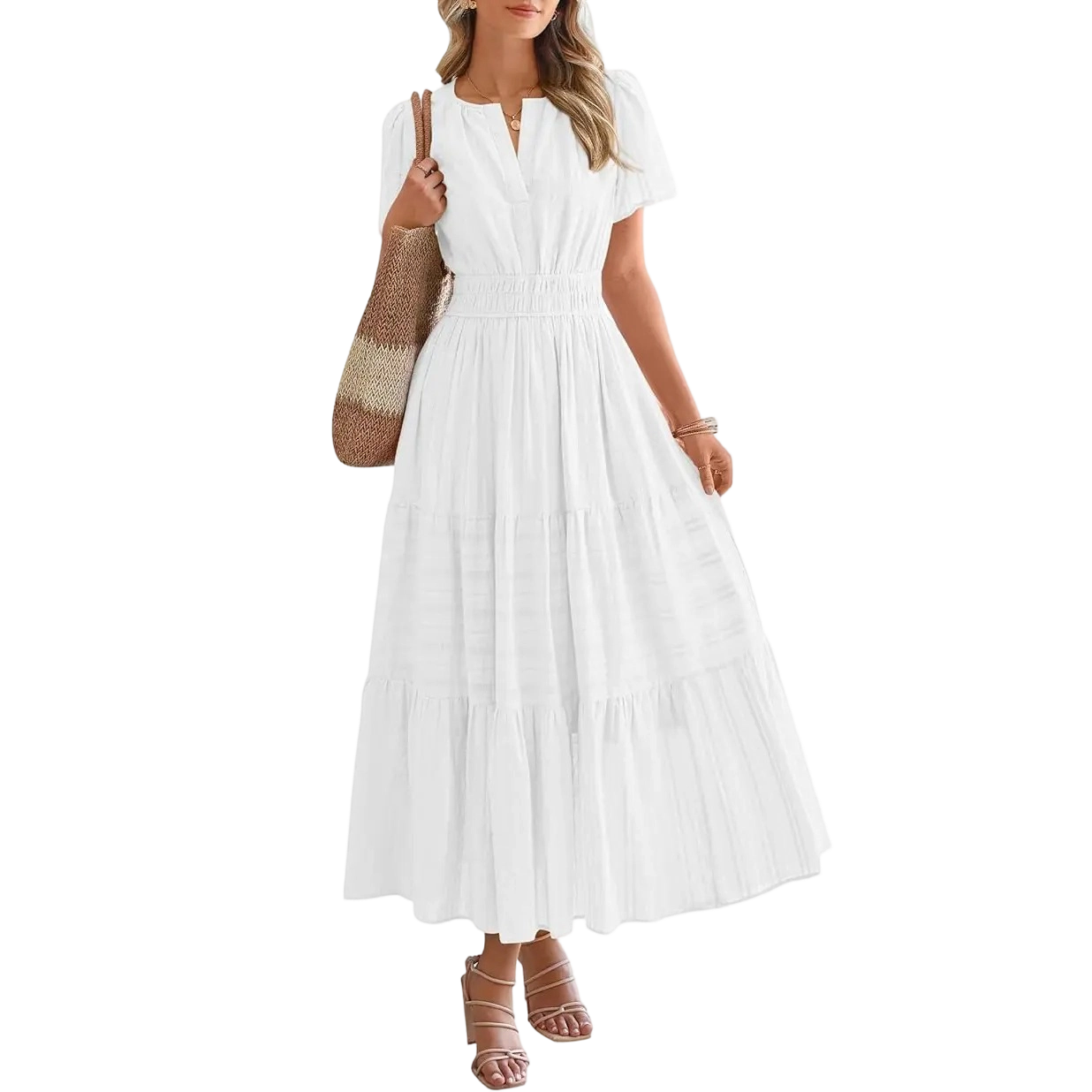 Women's Summer 2026 Casual Maxi Dress Lightweight Short Sleeve V Neck Boho Dress with Pockets