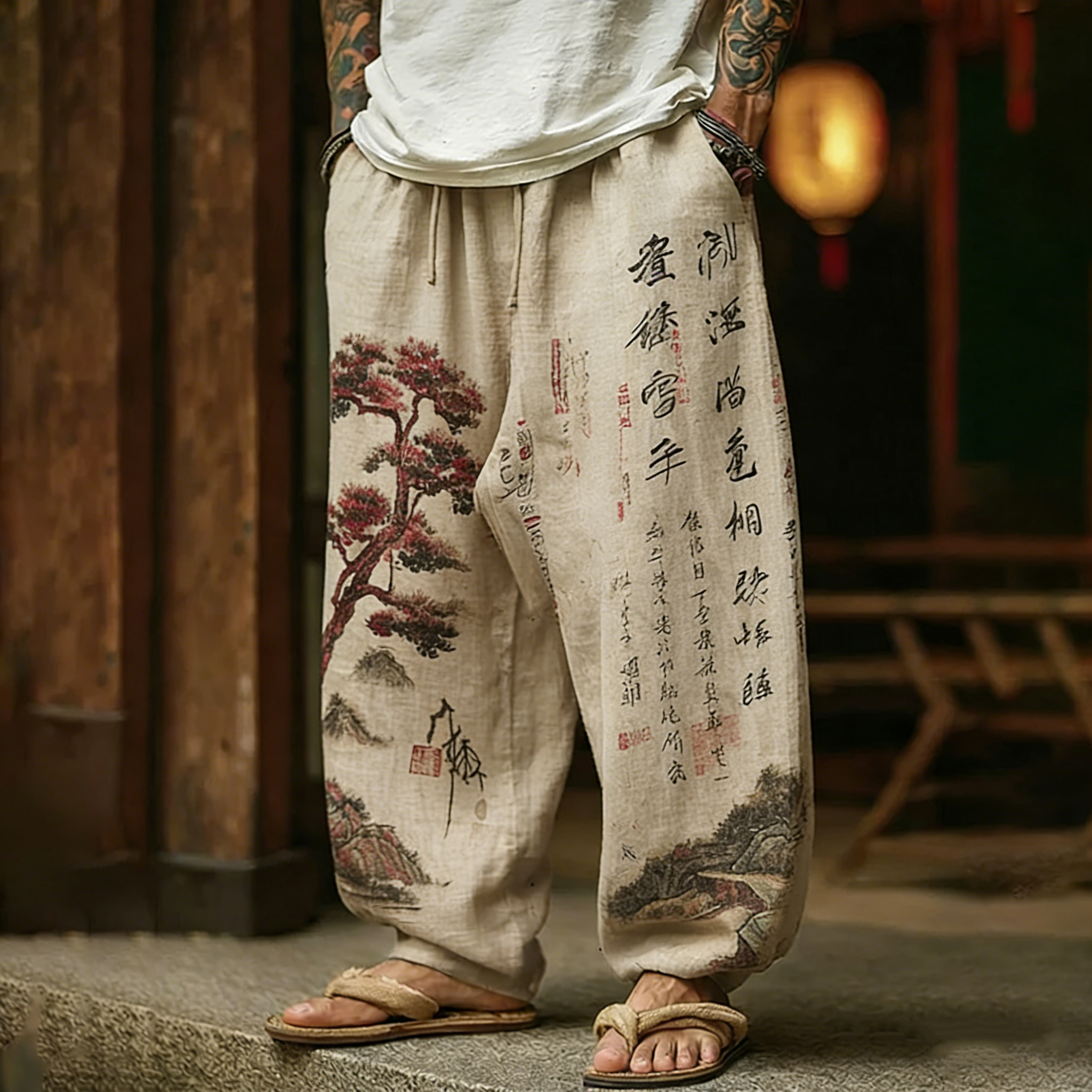 Men's Ink Painting Calligraphy Art Pattern Casual Linen Pants